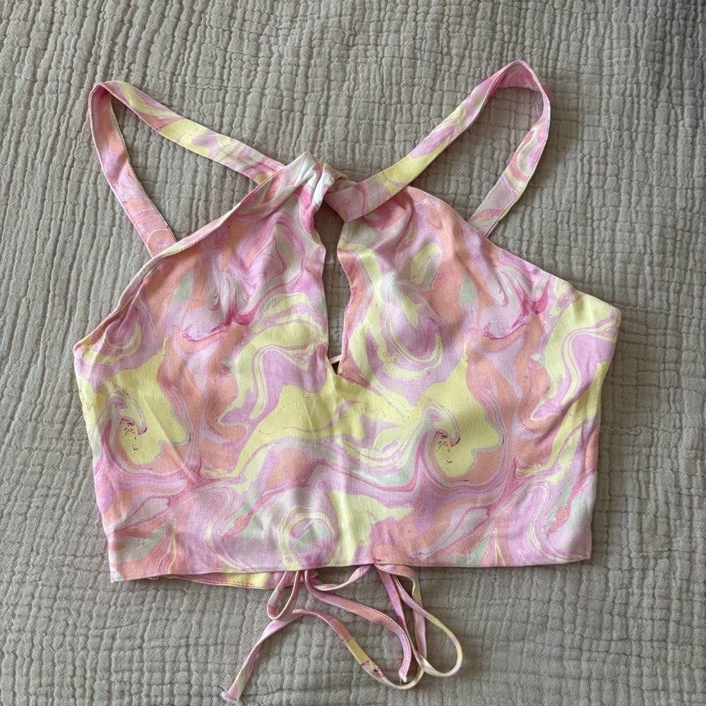 Zara Satin Marbled Keyhole Top Pink Yellow Watercolor Tie Back Halter size S - Picture 4 of 10